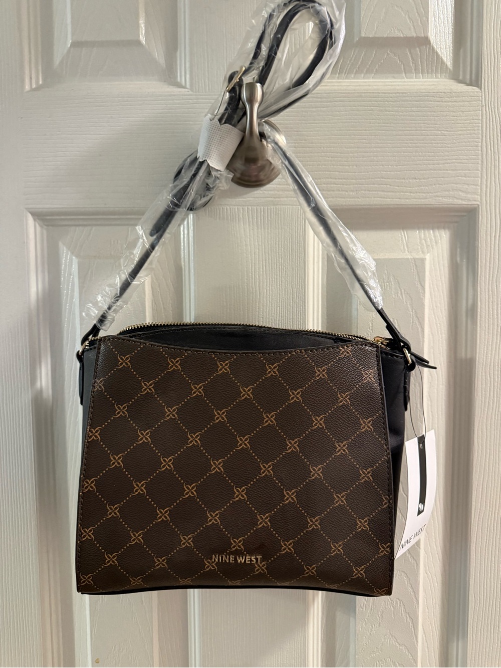 Nine West Brown and Black Signature Print Shoulder Bag